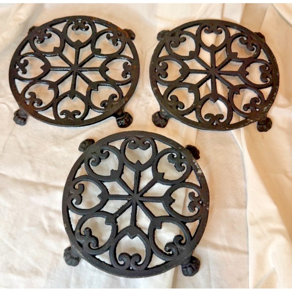Set of 3 Vintage Cast Iron Kitchen Trivets Hot Pads ~ 3 Different Designs